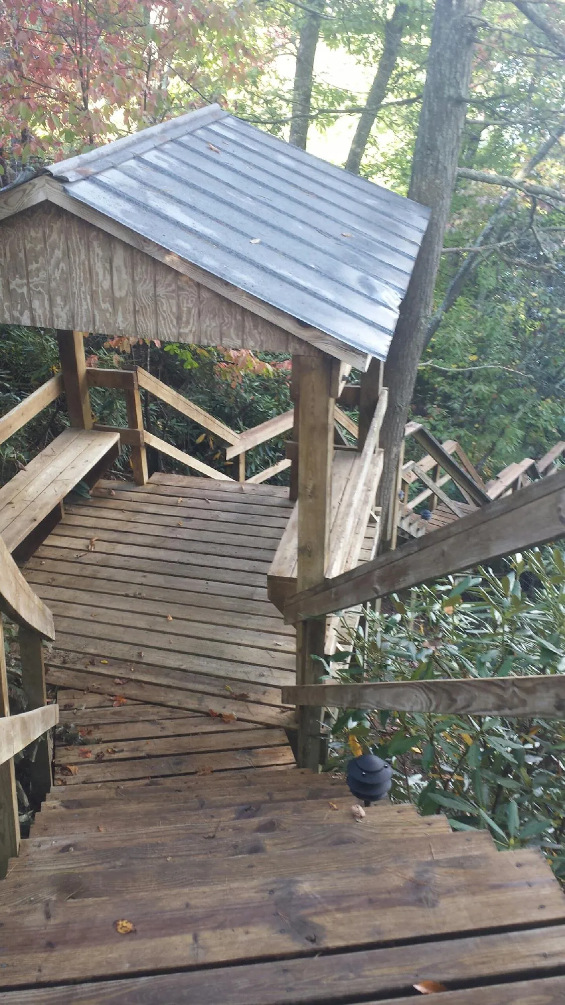 Metal roofed shelter over wooden steps on a wooded walkway — Skylight Repair & Installation work by our crew in Yuba City